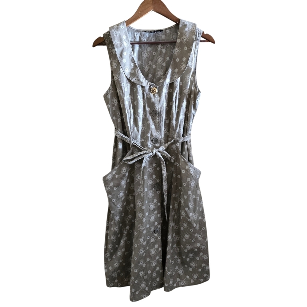 Mlle Gabrielle Floral Cotton Midi Dress Sage Green Large Cottagecore Button Up - Picture 2 of 16